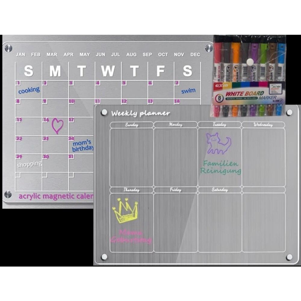 Acrylic Magnetic Dry Erase Fridge Board Monthly & Weekly Planner 
w/ 8 Markers